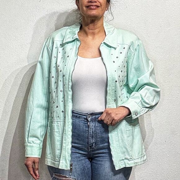 Saint Germain Mint Green Vintage Studded Jacket Sz M - Picture 1 of 14